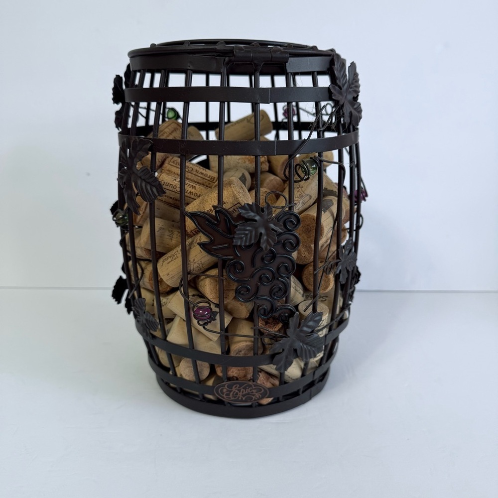 Metal Wine Barrel Cork Holder - Decorative Wine Cork Storage Bin with Grapes - Picture 5 of 10